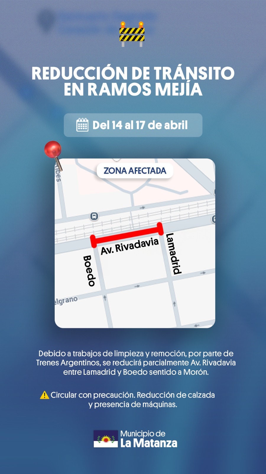 Atención: Reducción de calzada en Ramos Mejía por obras de Trenes Argentinos